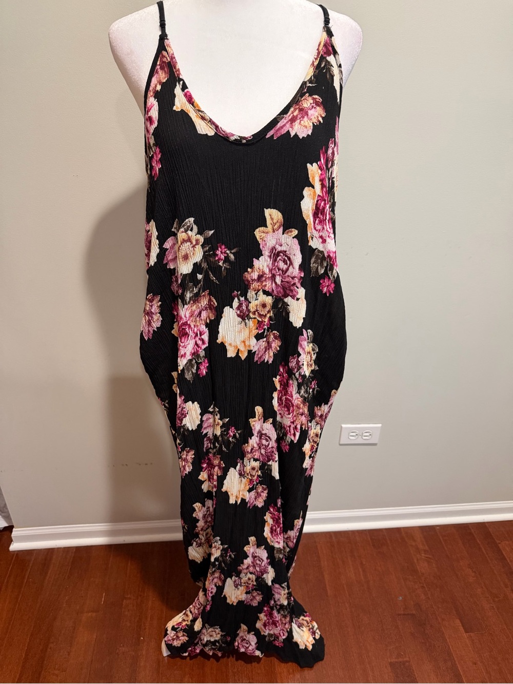 Vanilla Bay Black Maxi Slip Dress with Pink & Cream Florals OS